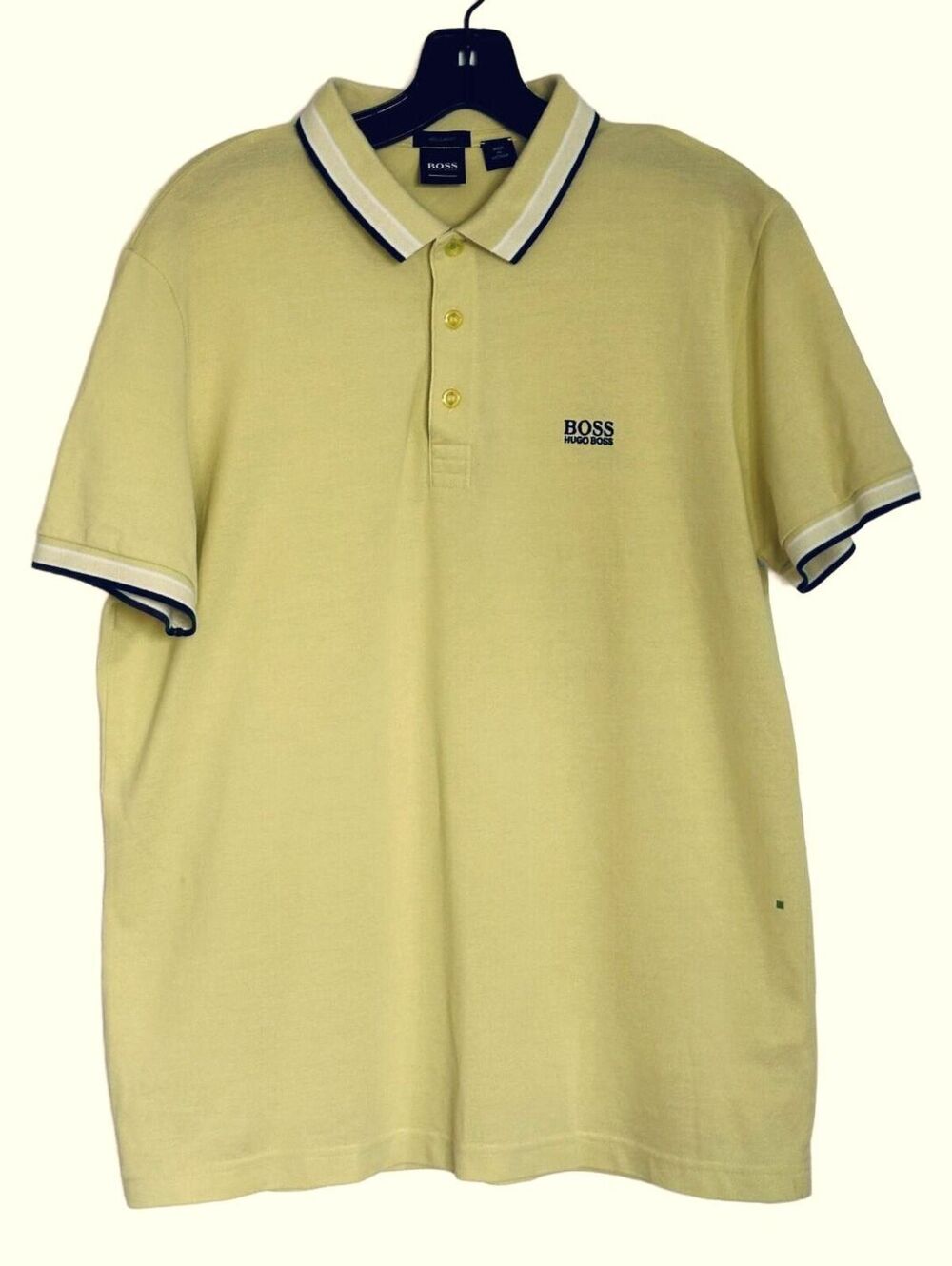 BOSS Hugo Boss Men's Yellow Cotton Polo Shirt Large Regular Fit Navy White Trim